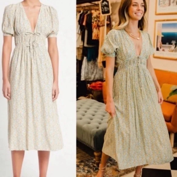 NWT Faithfull The Brand Patrinico Sabinosa Floral Midi Dress Puff Sleeve 4 - Picture 1 of 8